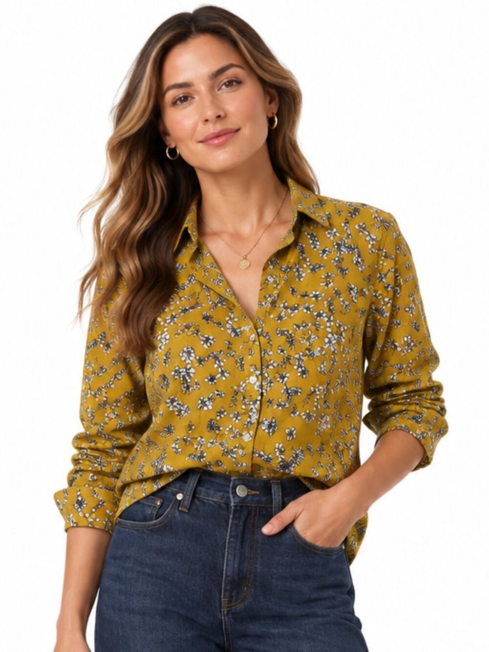 Banana Republic Print Classic Poplin Floral Button Down Shirt Mustard Size XL